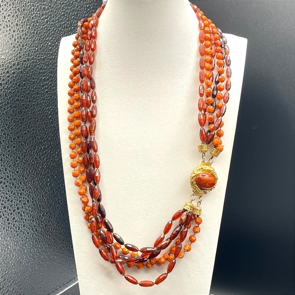 Vintage Amber Stone Gold-Toned Beaded Multi-Strand Classic Convertible Necklace